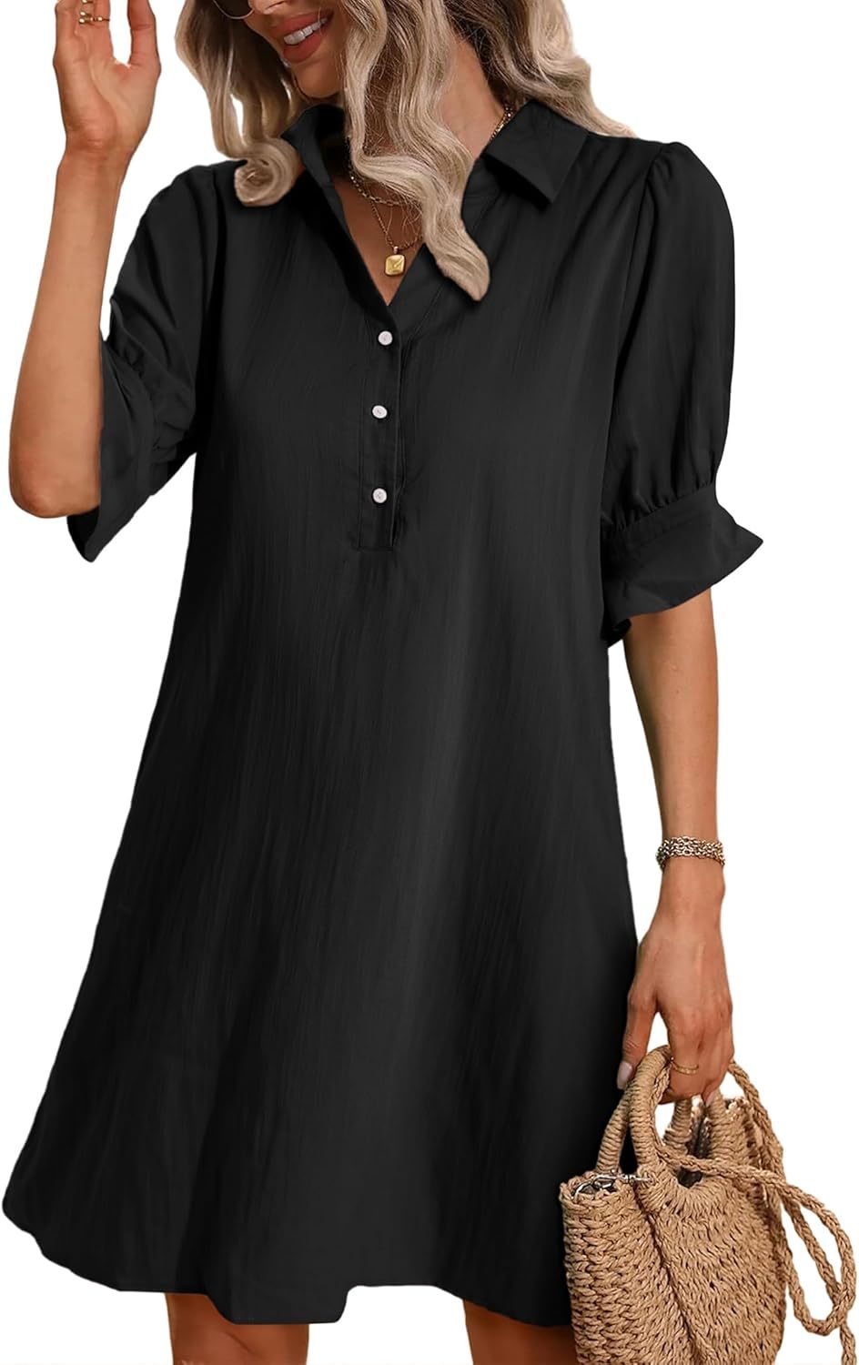 Womens Casual Shirt Dress Ruffle Sleeve Solid Color Button Down Shift