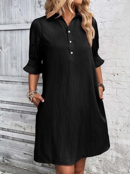 Womens Casual Shirt Dress Ruffle Sleeve Solid Color Button Down