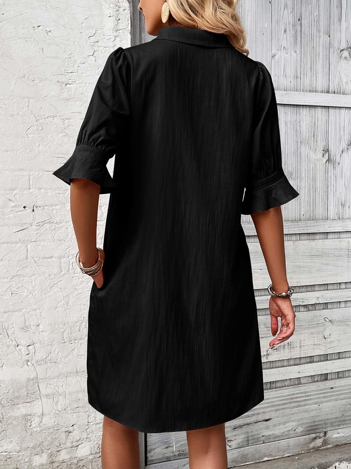 Womens Casual Shirt Dress Ruffle Sleeve Solid Color Button Down