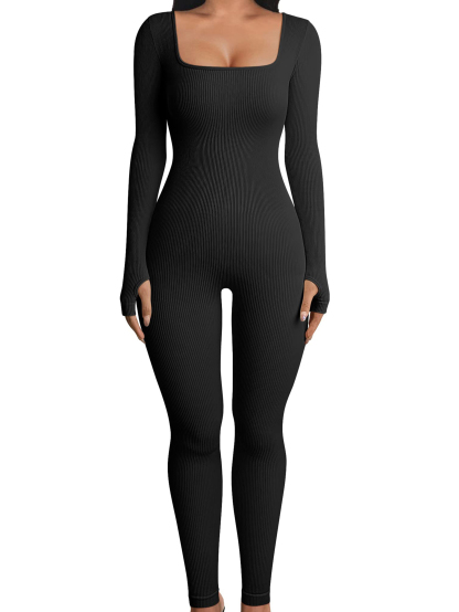Women Yoga Jumpsuits Workout Ribbed Long Sleeve Sport Jumpsuits