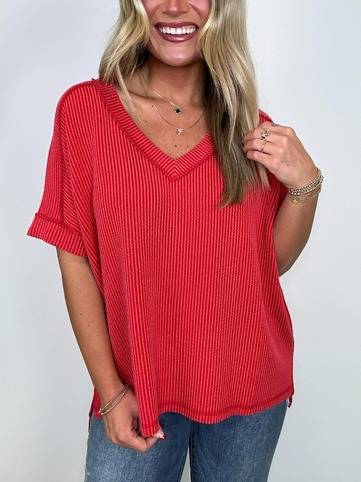 Cora Rib Knit High Low V-Neck Top
