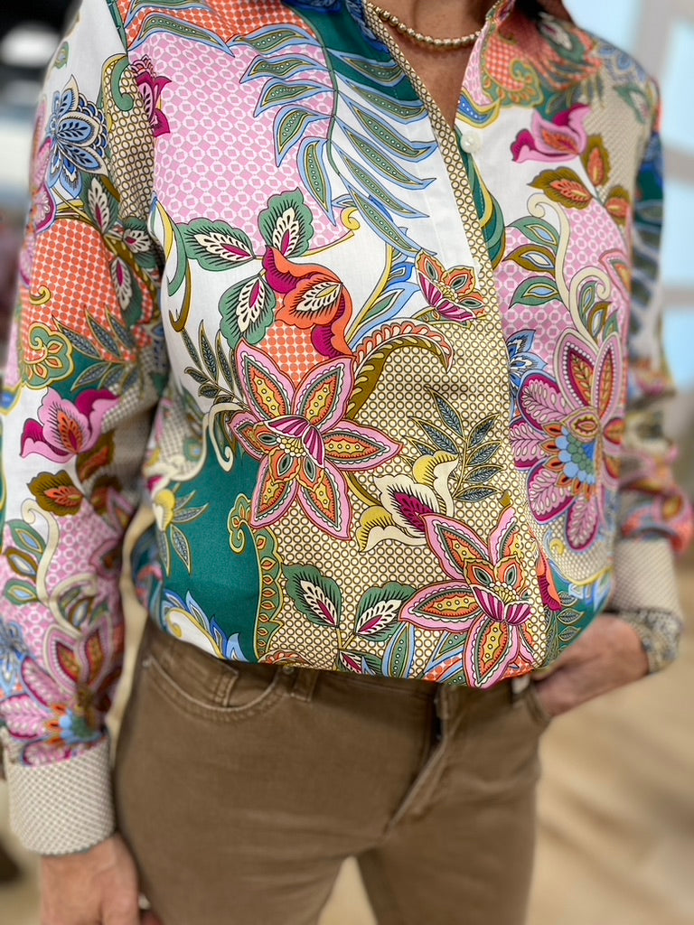 Multi Floral Print Collared Long Sleeve Blouse