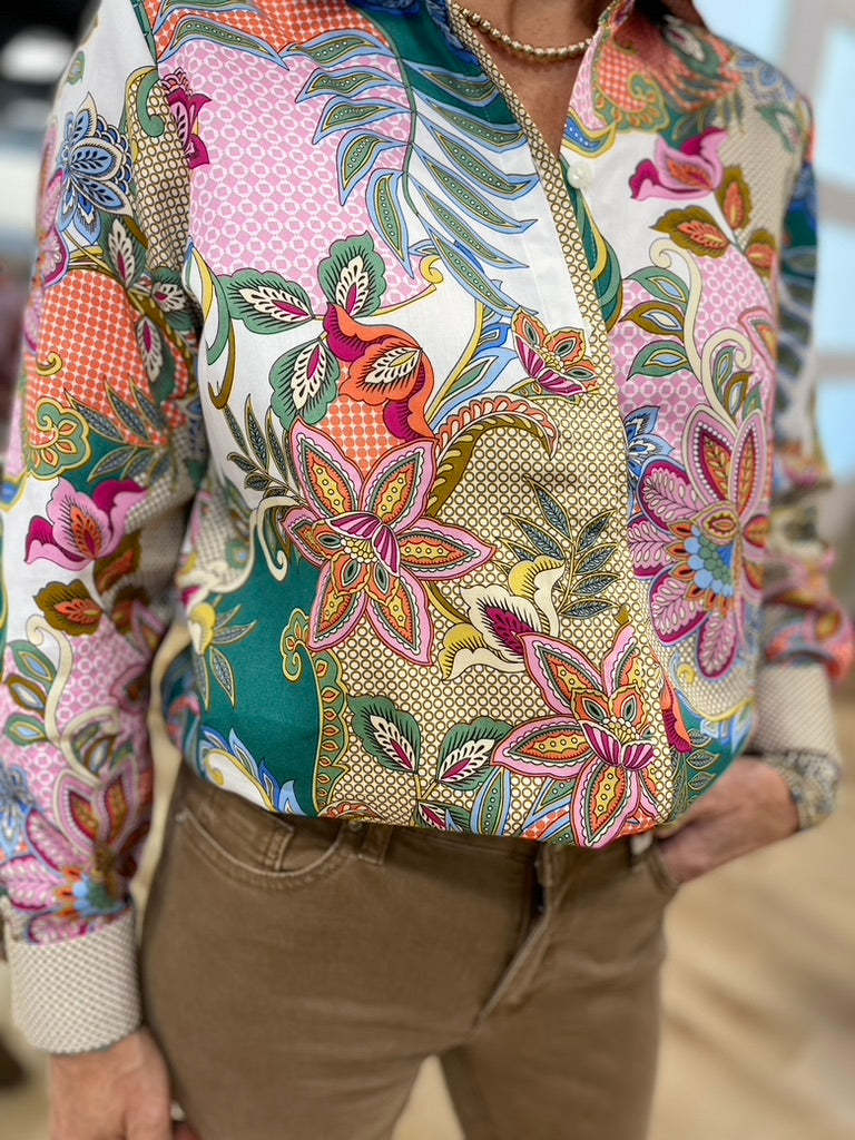 Multi Floral Print Collared Long Sleeve Blouse