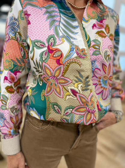 Multi Floral Print Collared Long Sleeve Blouse