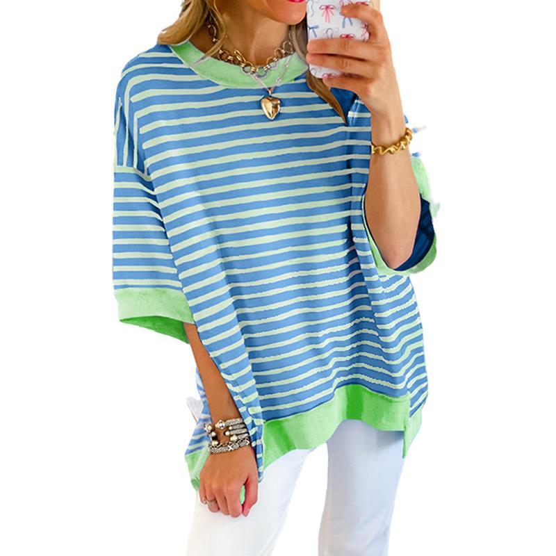 Women Striped Color Block Tops Short Sleeve