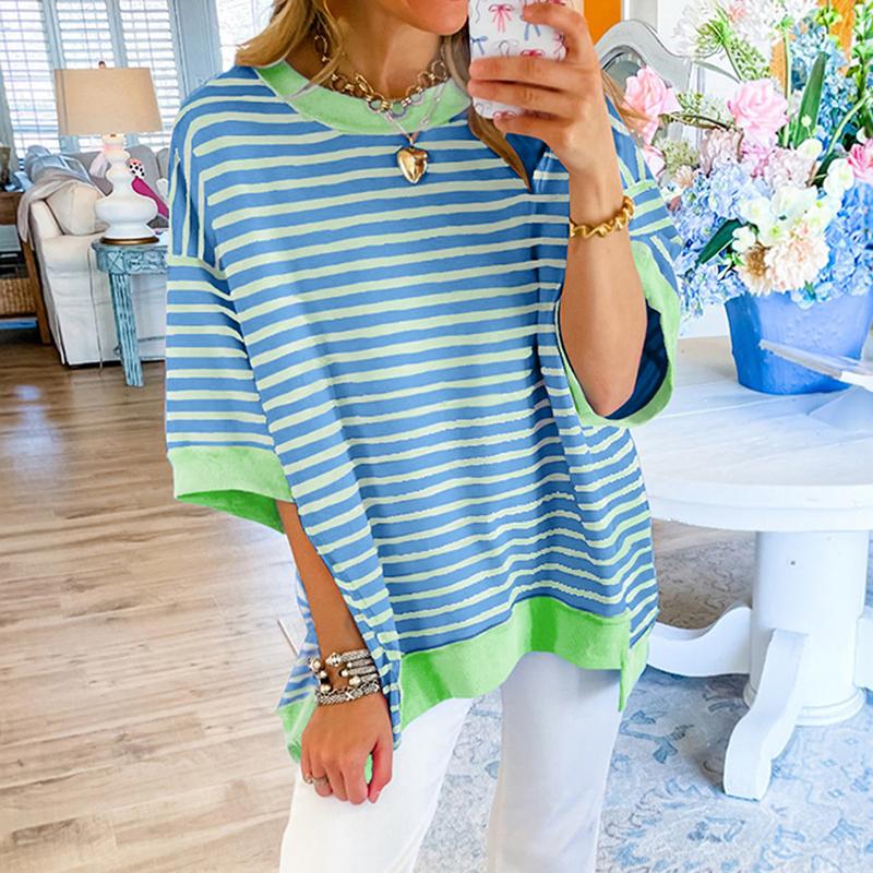 Women Striped Color Block Tops Short Sleeve