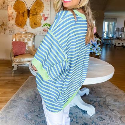 Women Striped Color Block Tops Short Sleeve