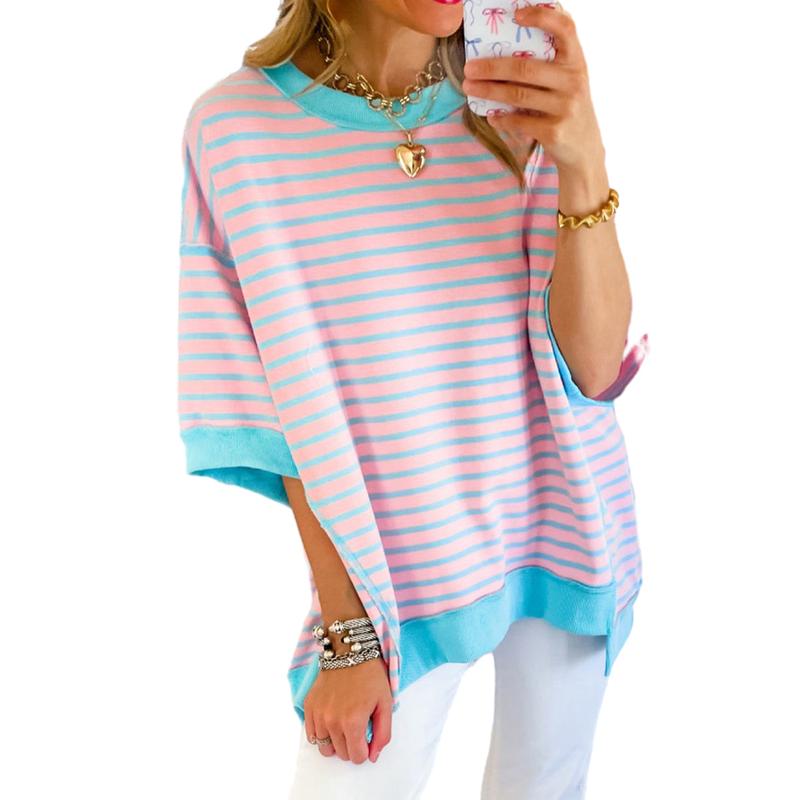 Women Striped Color Block Tops Short Sleeve