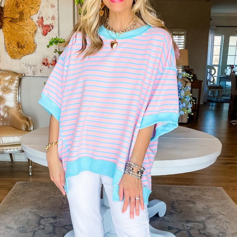 Women Striped Color Block Tops Short Sleeve