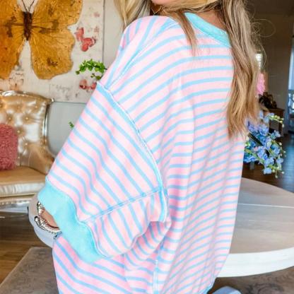 Women Striped Color Block Tops Short Sleeve