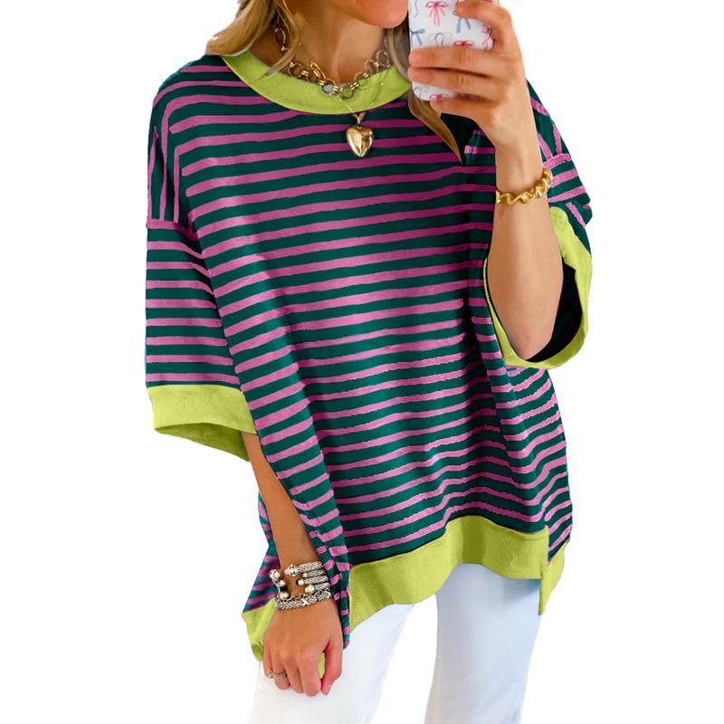 Women Striped Color Block Tops Short Sleeve