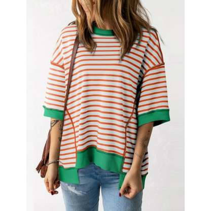 Women Striped Color Block Tops Short Sleeve