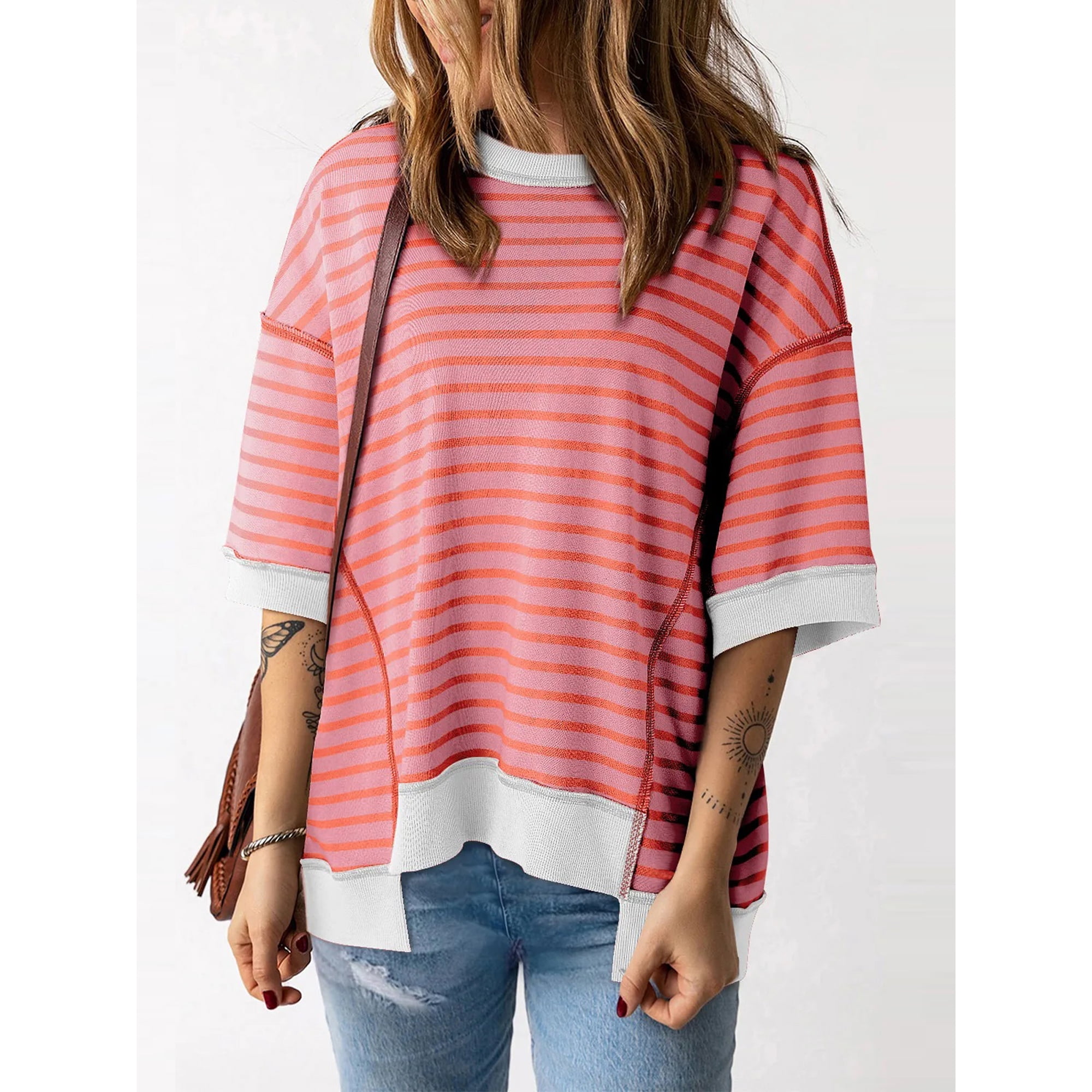 Women Striped Color Block Tops Short Sleeve