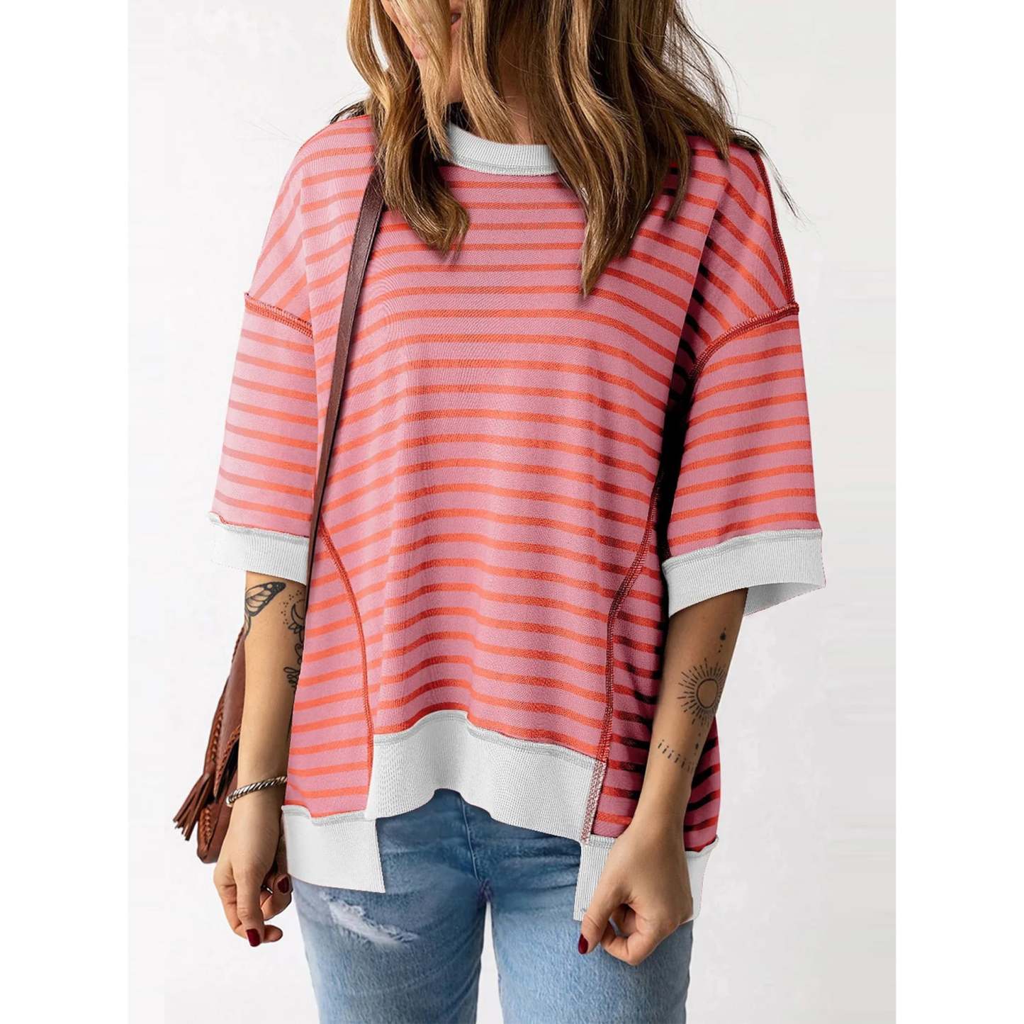 Women Striped Color Block Tops Short Sleeve