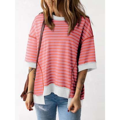 Women Striped Color Block Tops Short Sleeve