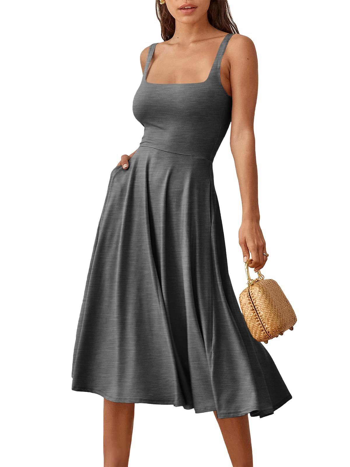 Summer Casual Square Neck Midi Dress Pockets