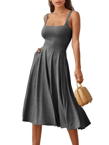 Summer Casual Square Neck Midi Dress Pockets