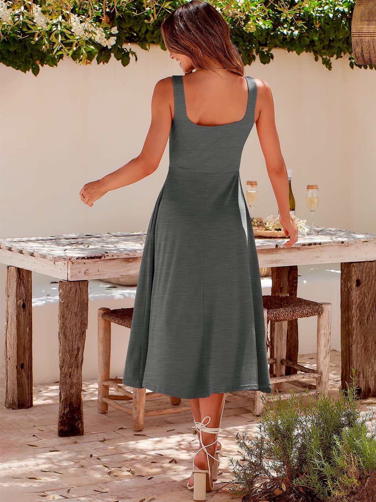 Summer Casual Square Neck Midi Dress Pockets