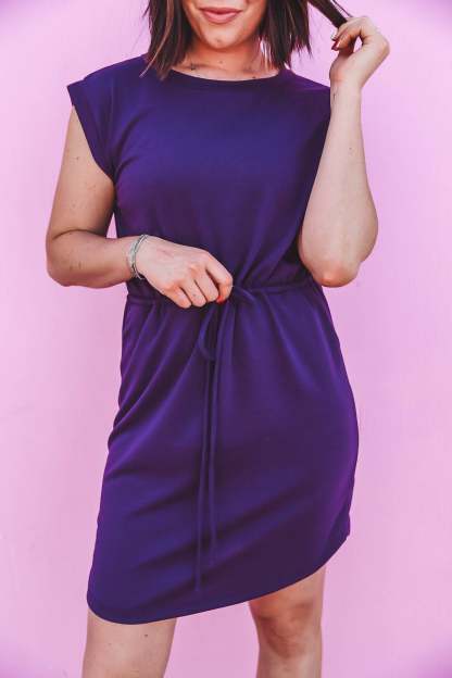 HOT SALE Round Neck Short Sleeve Waist Tie Pocket Mini Dress