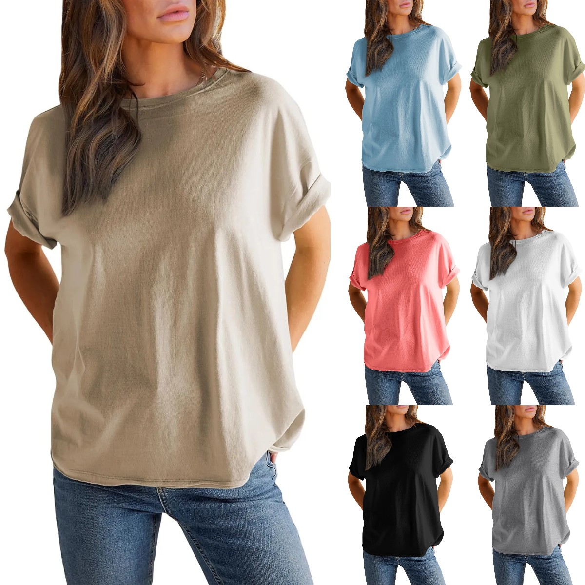 🌈2024 Round neck solid color short sleeve back spliced T-shirt cotton tee(BUY 2 FREE SHIPPING)