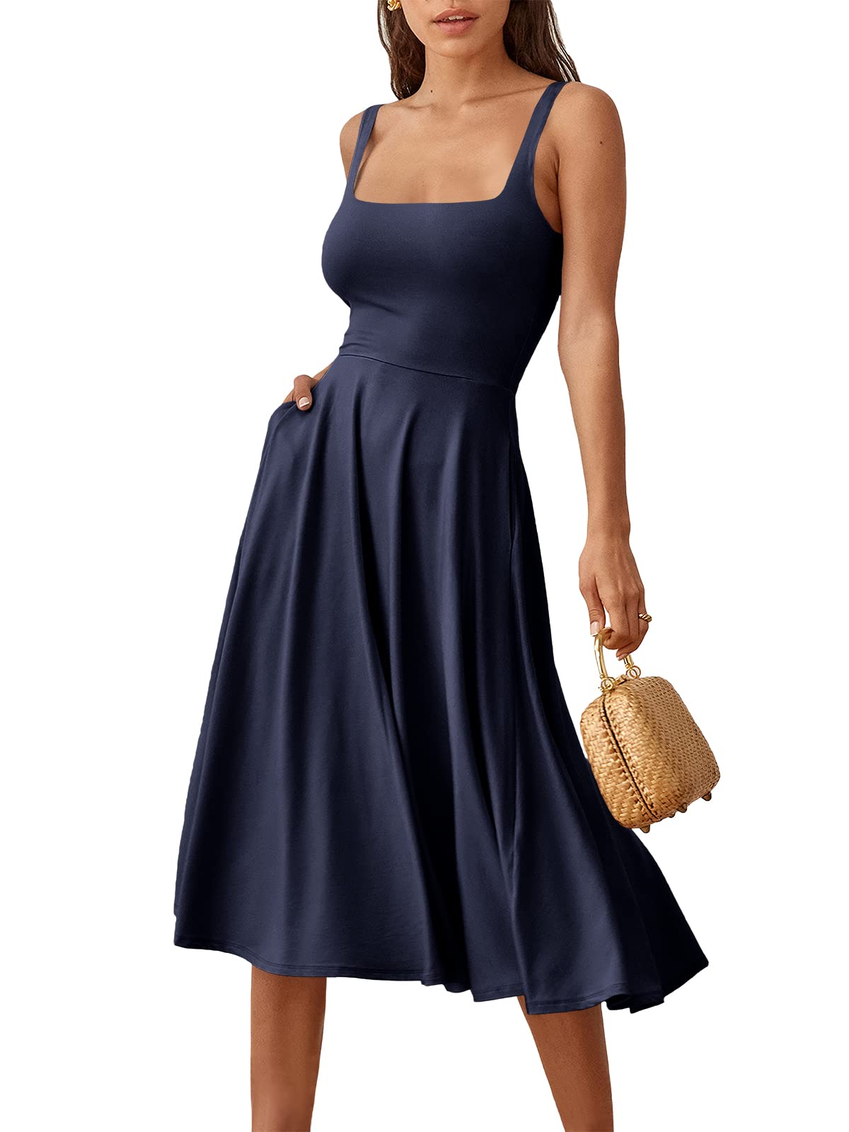 Summer Casual Square Neck Midi Dress Pockets