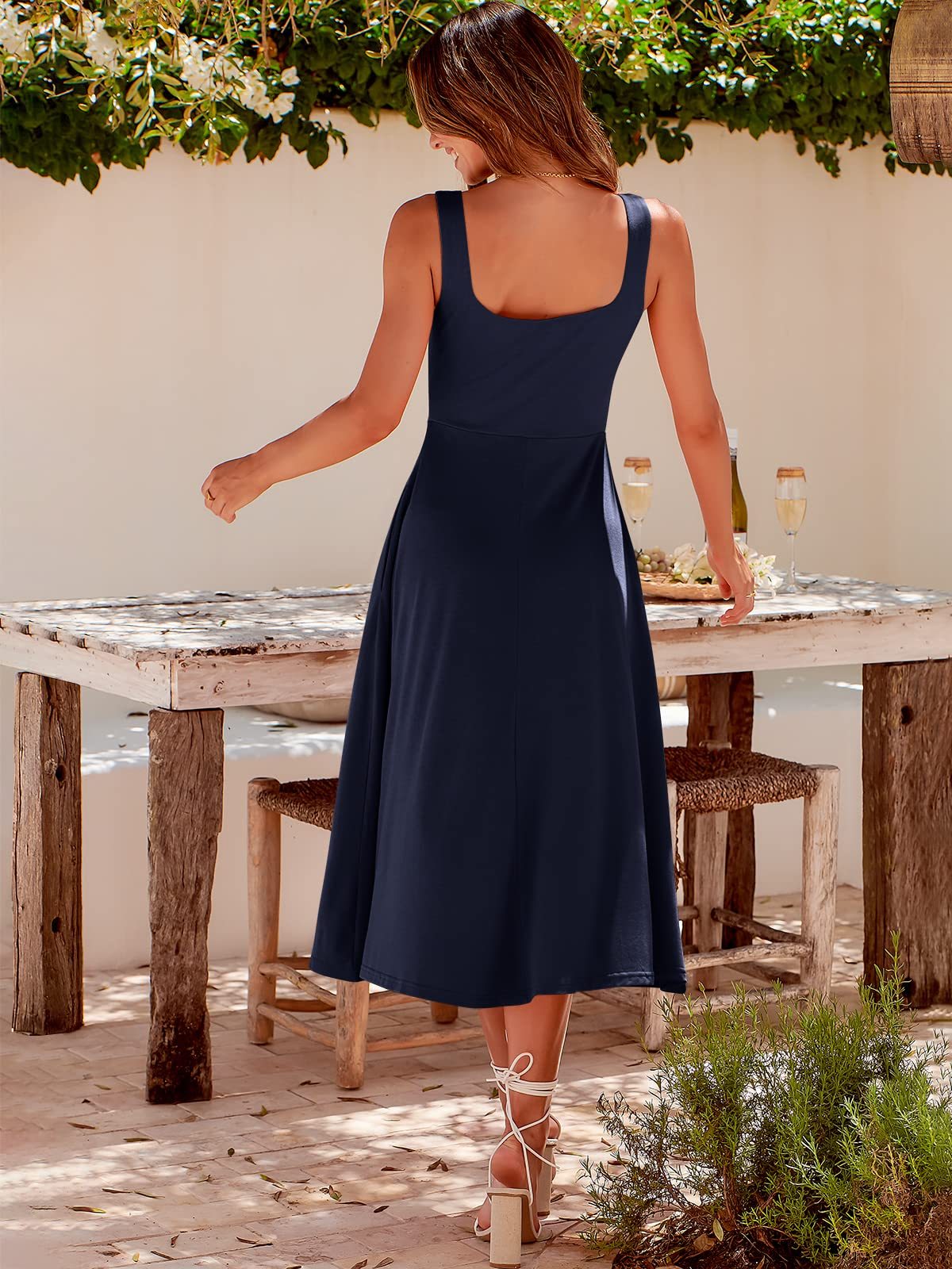 Summer Casual Square Neck Midi Dress Pockets