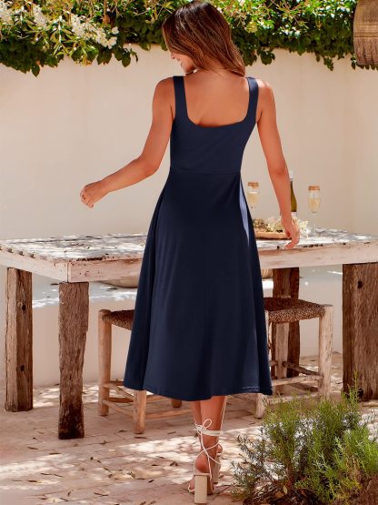 Summer Casual Square Neck Midi Dress Pockets