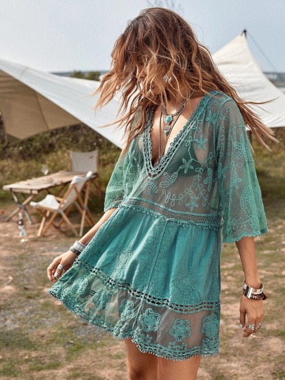 Women's Lace Bathing Suit Cover Up V-Neck Swimsuit Coverups