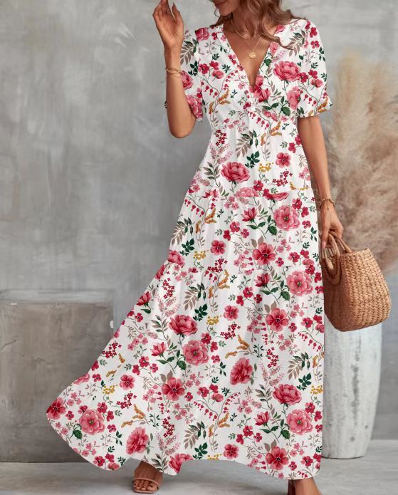 Womens Casual Floral Deep V Neck Dress-hivebabe.com