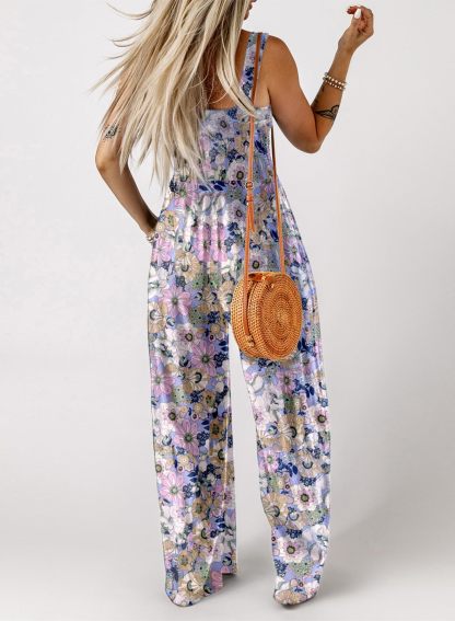Womens Overalls Casual Floral Print Sleeveless Jumpsuit with Pockets