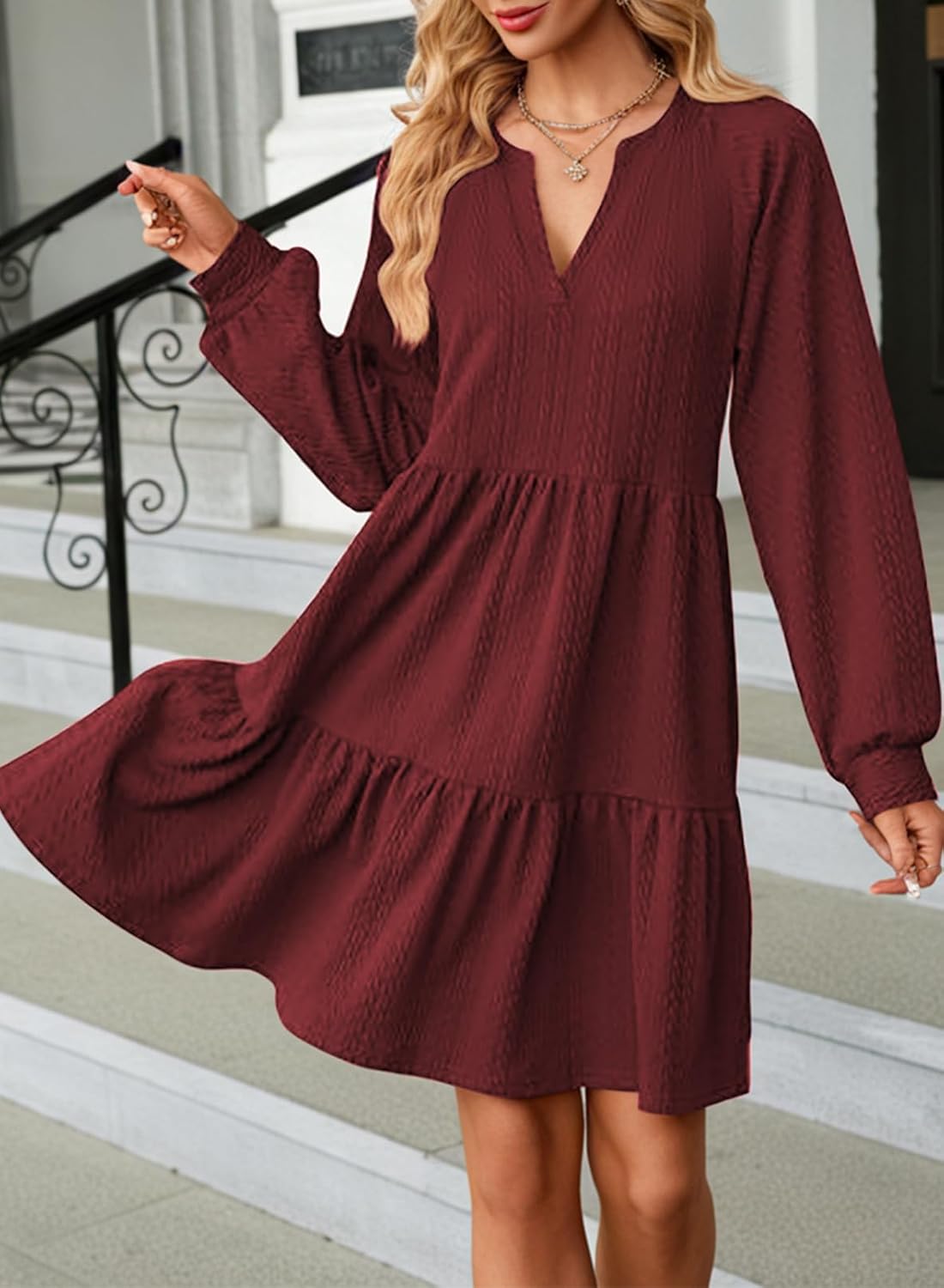 Womens Long Sleeve V Neck Textured  Tiered Ruffle  Mini Babydoll Dress