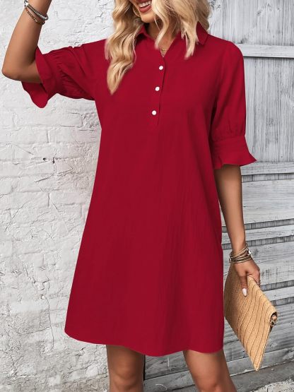 Womens Casual Shirt Dress Ruffle Sleeve Solid Color Button Down