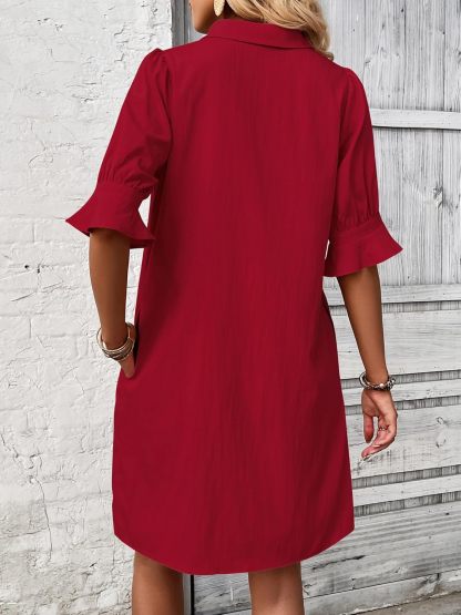 Womens Casual Shirt Dress Ruffle Sleeve Solid Color Button Down