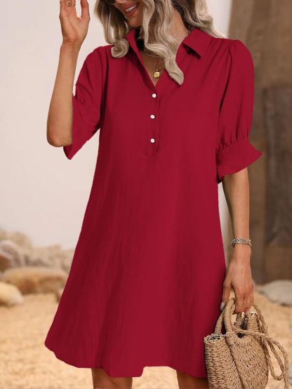 Womens Casual Shirt Dress Ruffle Sleeve Solid Color Button Down