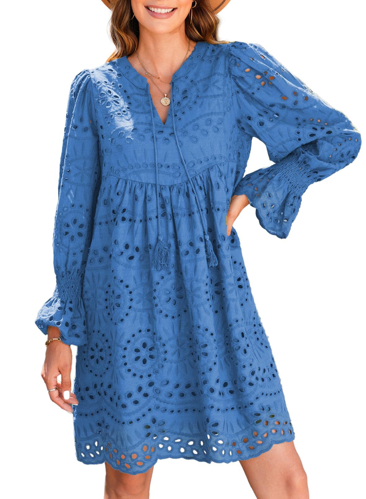 Womens V Neck Long Sleeve Hollow Out Lace Ruffle Dresses