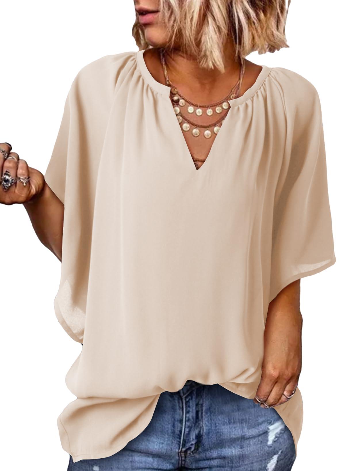2025 New Women's V Neck 3/4 Batwing Sleeve Blouse Pleated Flowy Tunic Tops(BUY 3 FRE SHIPPING)