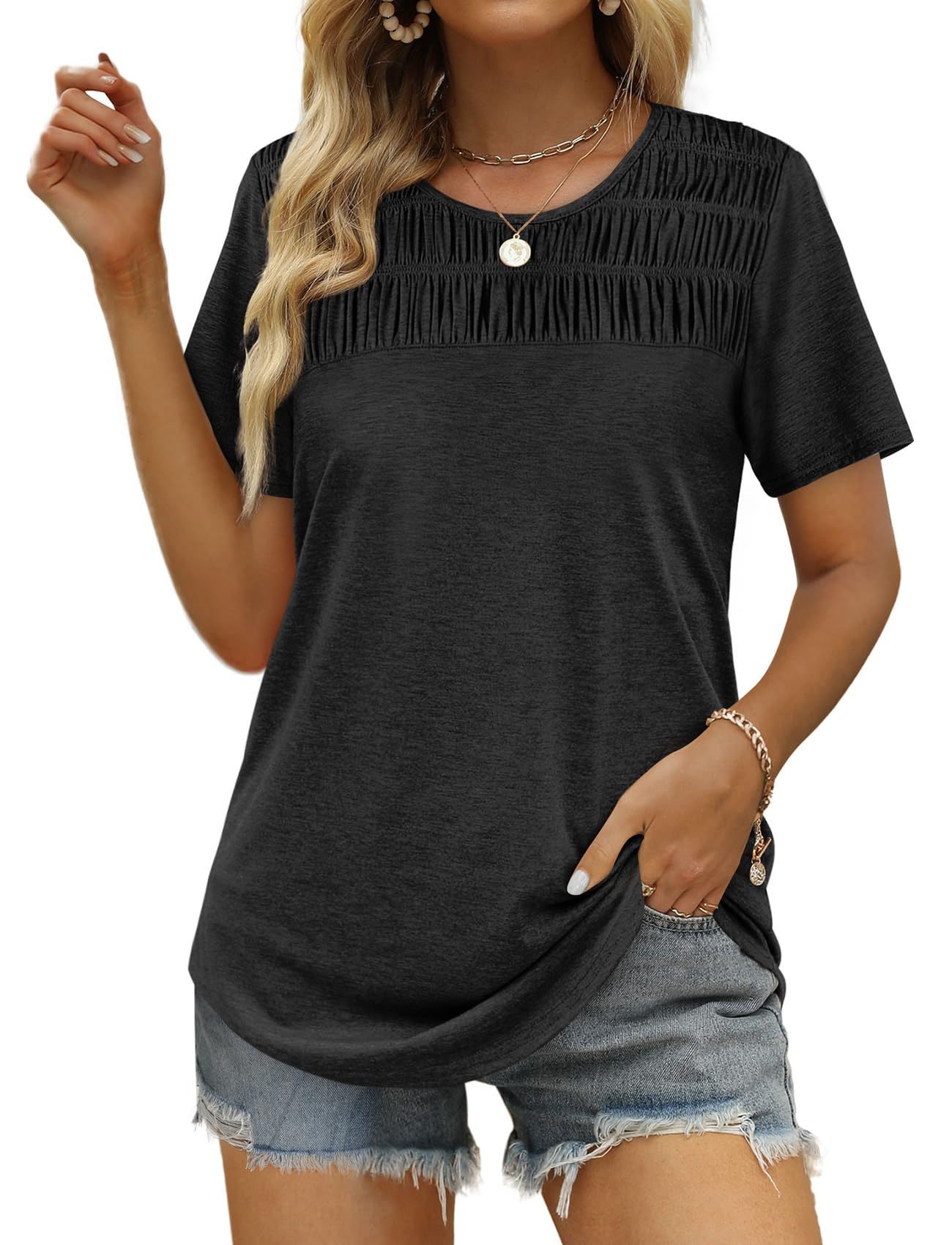 Women's Summer Tops 2025 Trendy Short Sleeve Shirts Smocked Crewneck Tee