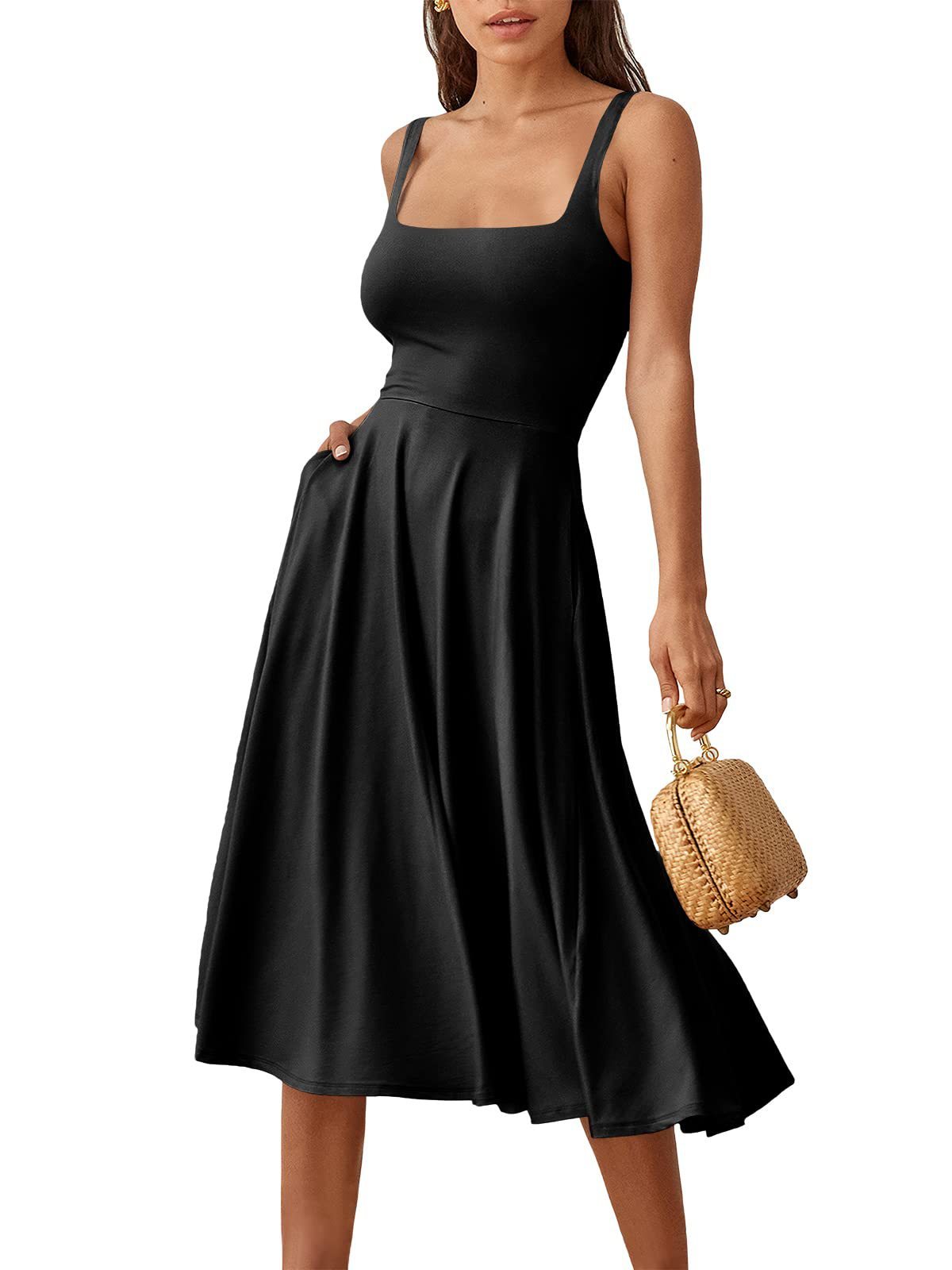 Summer Casual Square Neck Midi Dress Pockets