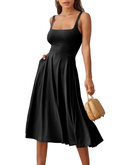 Summer Casual Square Neck Midi Dress Pockets