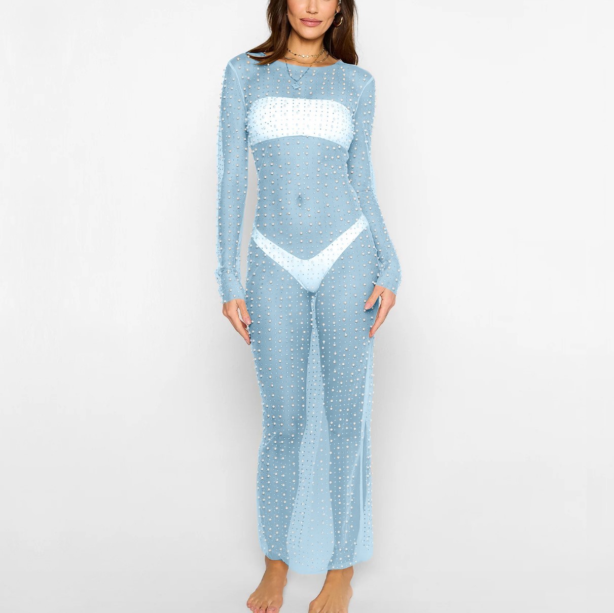 Summer Pearl Rhinestone Maxi Dress Beach Swimsuit Bikini Cover Ups