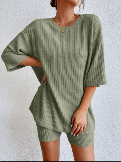 Casual Crew Neck Loose Shorts Set