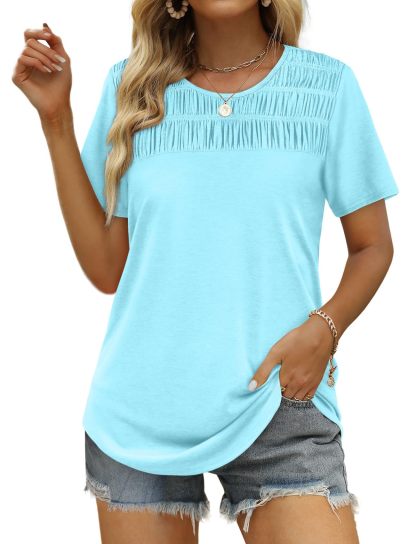 Women's Summer Tops 2025 Trendy Short Sleeve Shirts Smocked Crewneck Tee