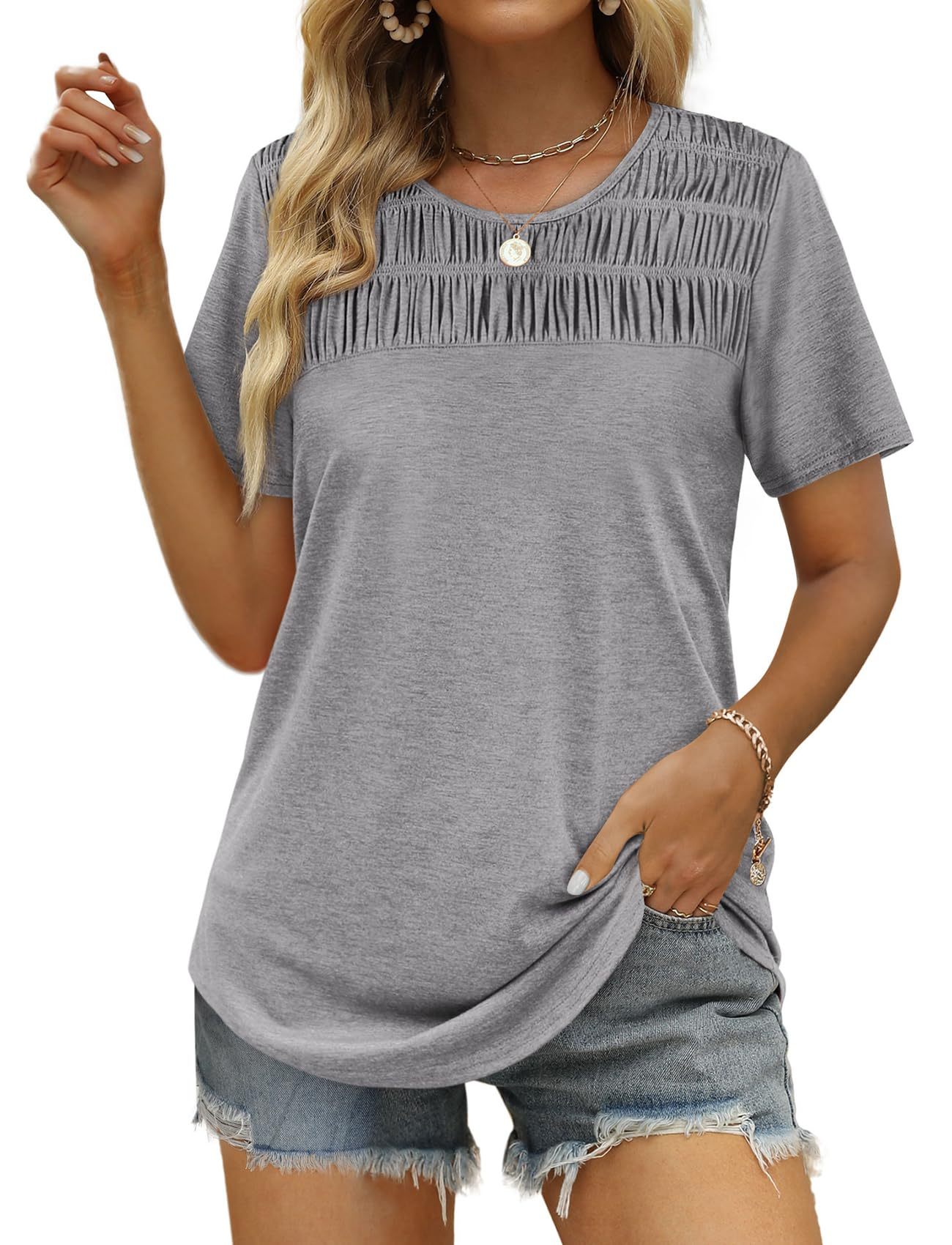 Women's Summer Tops 2025 Trendy Short Sleeve Shirts Smocked Crewneck Tee