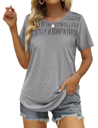 Women's Summer Tops 2025 Trendy Short Sleeve Shirts Smocked Crewneck Tee