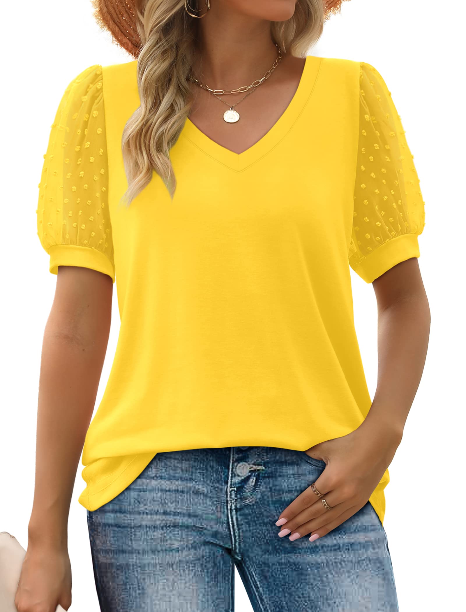 2025 New Women's Summer V Neck T Shirts Swiss Dot Puff Sleeve Tops(BUY 3 FREE SHIPPING)