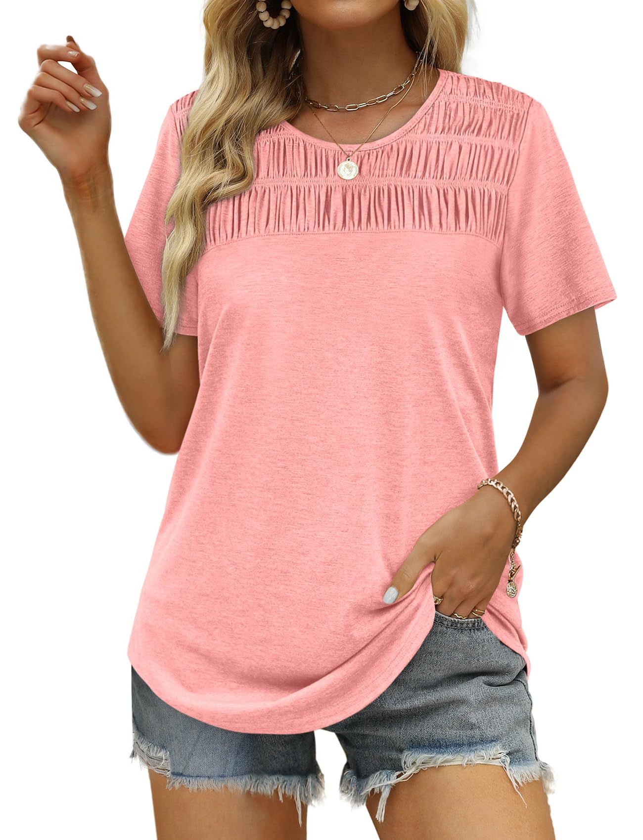 Women's Summer Tops 2025 Trendy Short Sleeve Shirts Smocked Crewneck Tee