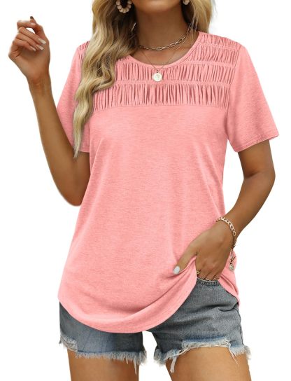 Women's Summer Tops 2025 Trendy Short Sleeve Shirts Smocked Crewneck Tee