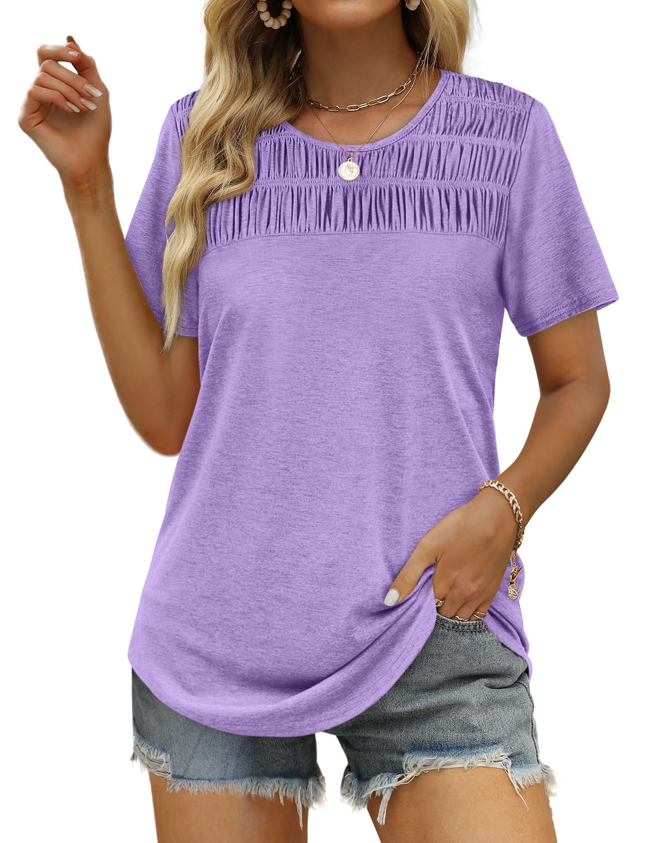 Women's Summer Tops 2025 Trendy Short Sleeve Shirts Smocked Crewneck Tee