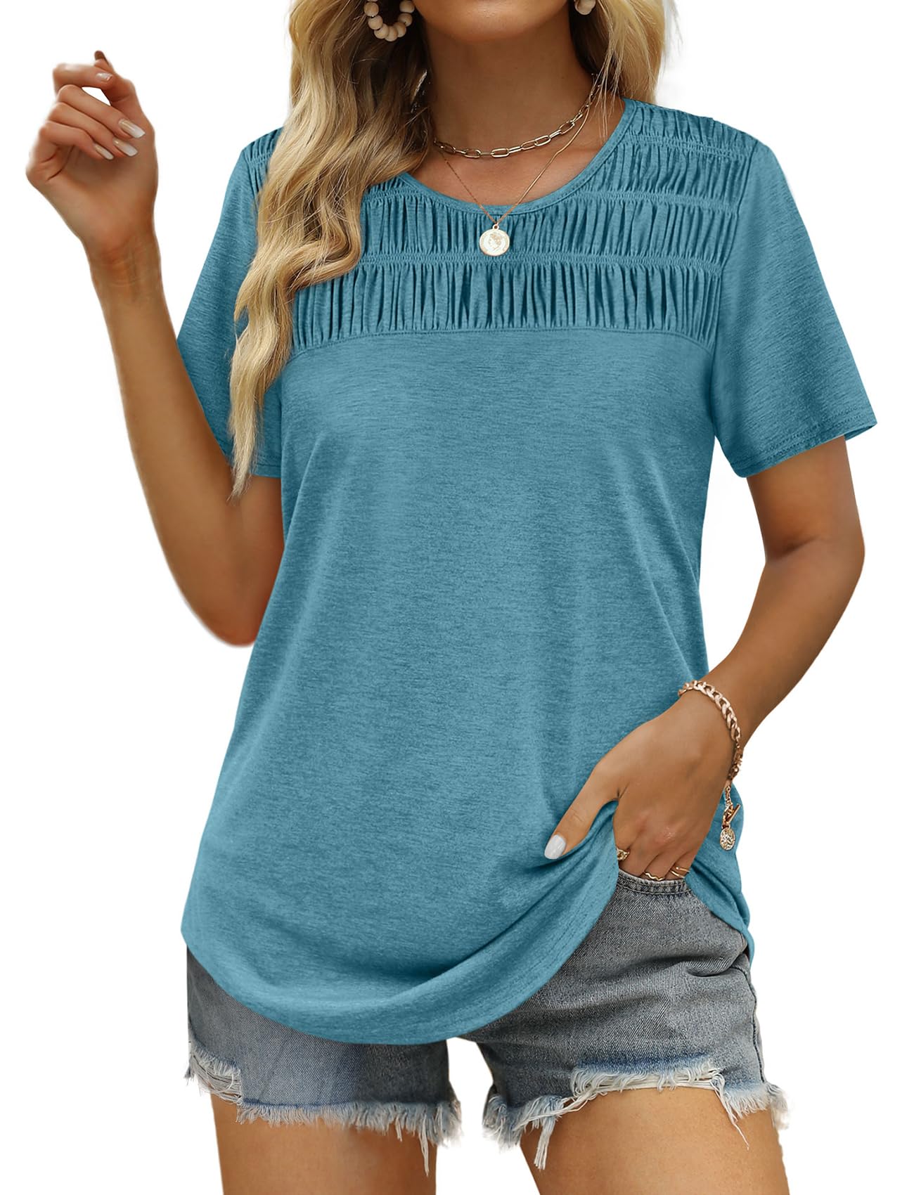 Women's Summer Tops 2025 Trendy Short Sleeve Shirts Smocked Crewneck Tee