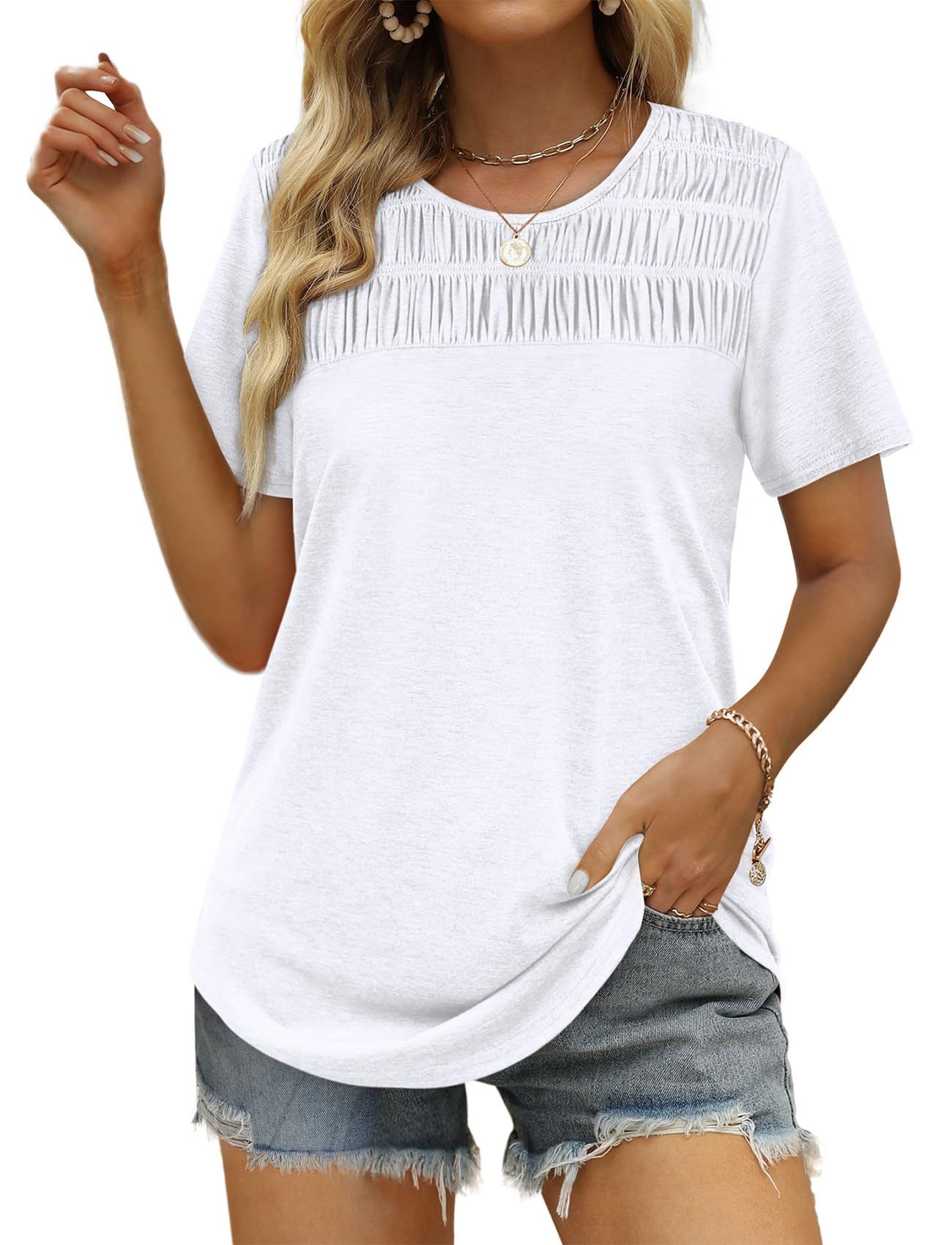 Women's Summer Tops 2025 Trendy Short Sleeve Shirts Smocked Crewneck Tee